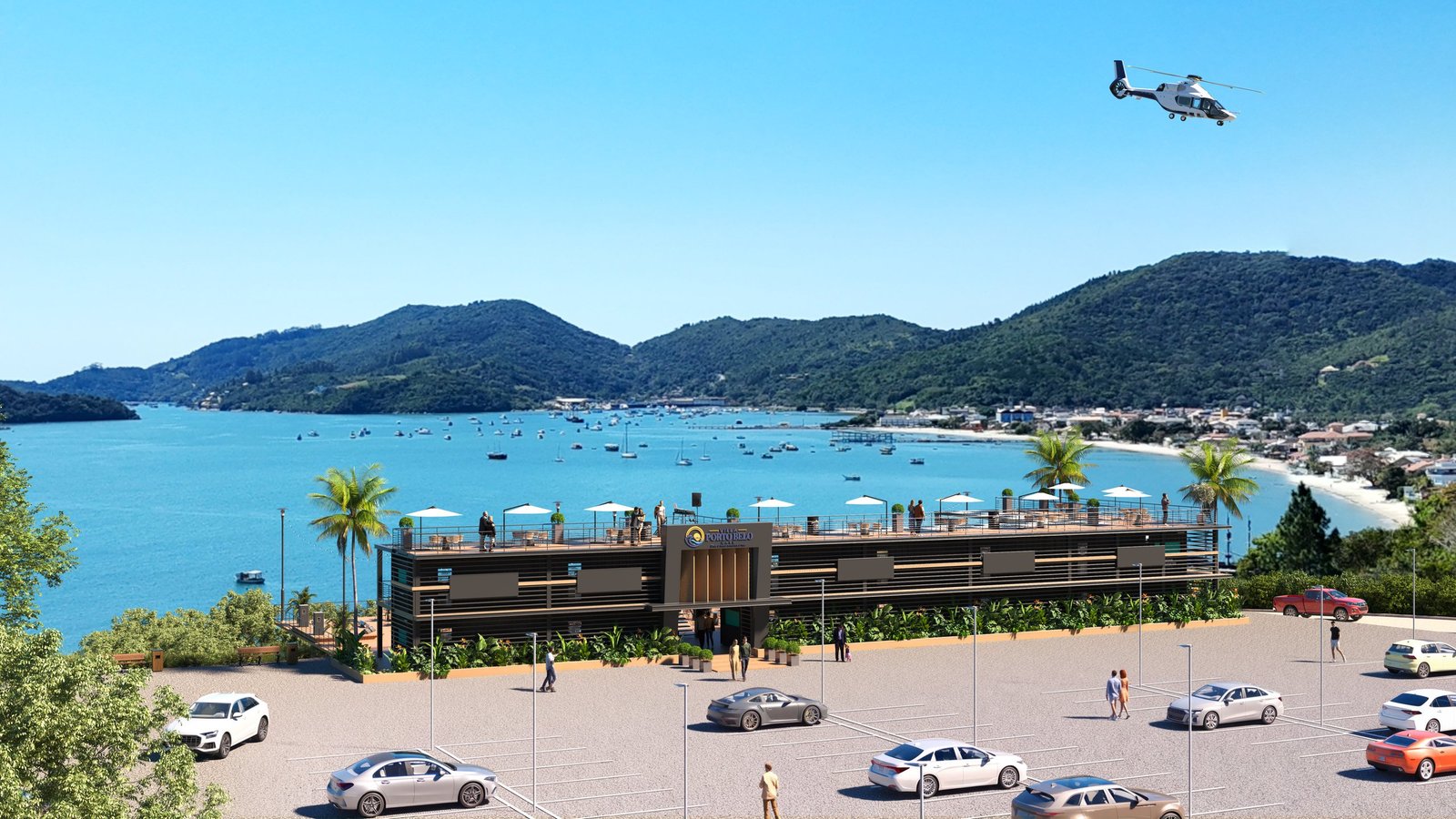 Vista geral da vila gastronômica diante da baía de Porto Belo